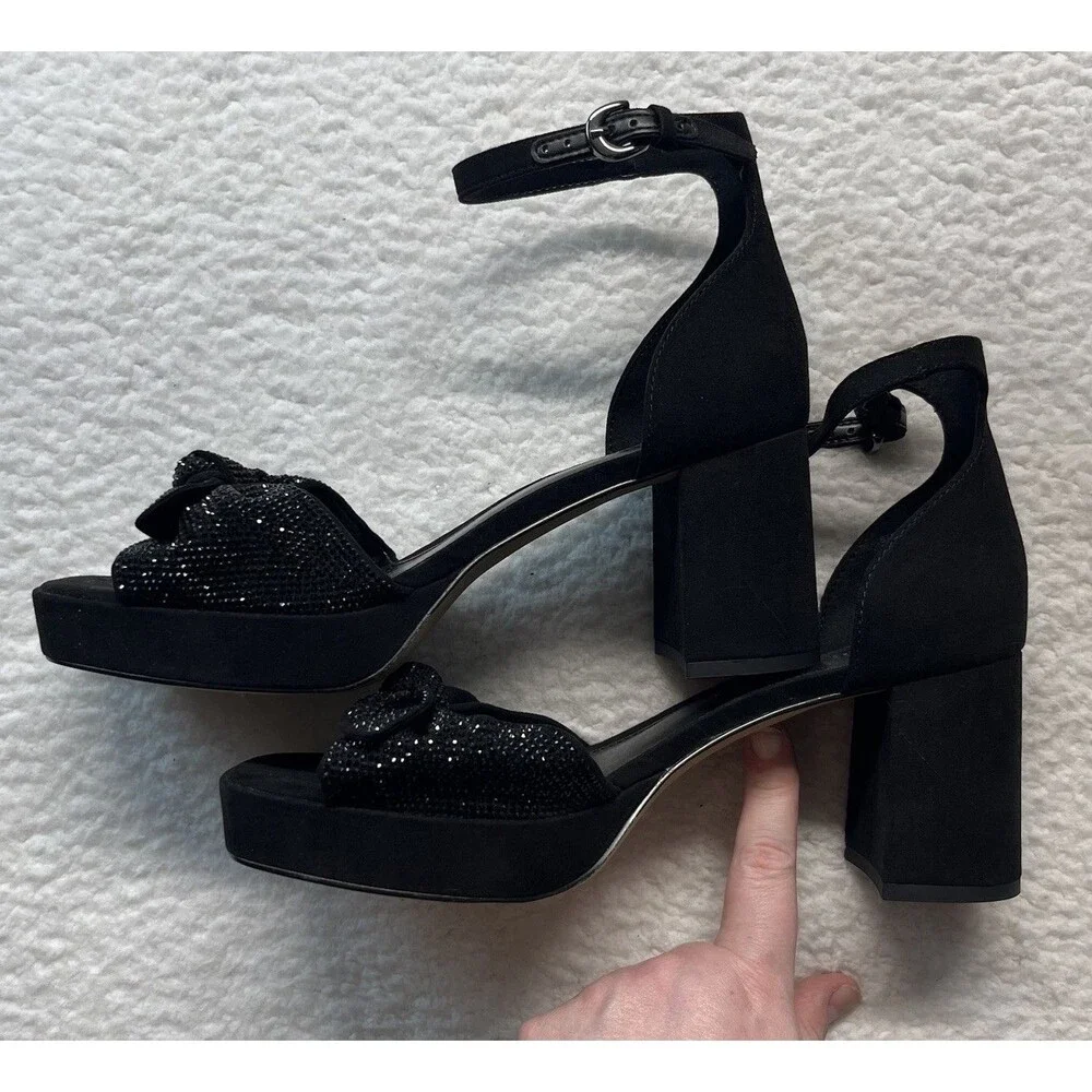 J Crew Heels Womens 8 Black Rhinestone Bow Platform Sandal Cocktail Glam Goth